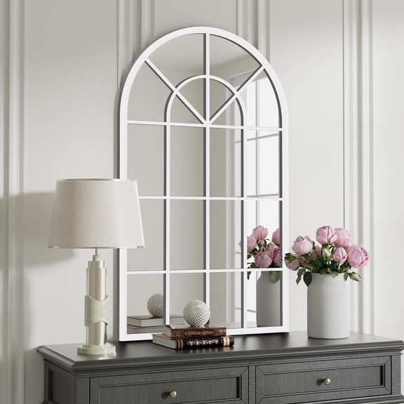Wall Mounted Mirror, 24"x42" Arched Wall Mirror, Arched Window Shaped Farmhouse Style with Iron Frame, Paneled Wall Decor for Bedroom, Entryway, Living Room (White)