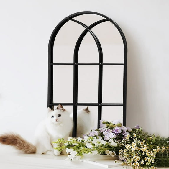 Wall Mounted Mirror, Arched Wall Mirror, 20"x30" Arch Bathroom Mirror, Arched Farmhouse Window Mirror with Iron Frame, Mirror Wall Decor for Bedroom, Entryway, Living Room (Black)