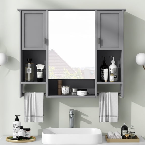 Wall Mounted Mirror Cabinet For Bathroom - 35'' X 28'' Ample Storage Grey Concealed Area Build