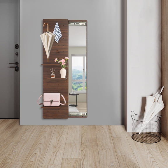 Wall Mounted Mirror, Hide Sliding Pegboard Mirror with Coat Rack, Full Length Wooden Mirror, Dual Rail Design, Adjustable Layout, Space Saving for Small Room, Apartment, Entryway