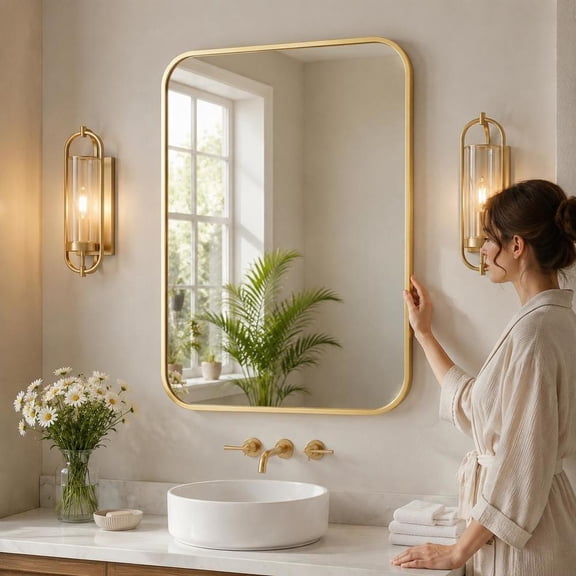 Wall Mounted Mirror, Rounded Corner Square, Aluminum Framed, Shatter Resistant Tempered Glass, for Bathroom Vanity and Living Room,c