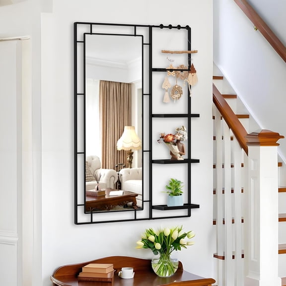 Wall Mounted Mirror for Wall, Full Length Mirror with Shelf and Hooks, Large Wall Mirror with Metal Frame 3 Trays and 4 Hooks for Living Room,Hallway,Bedroom