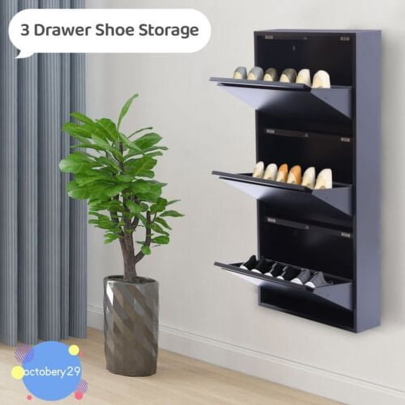 Wall Mounted Modern Shoe Rack-No-Assembly 3 Drawer Shoe Storage Metal Cabinet