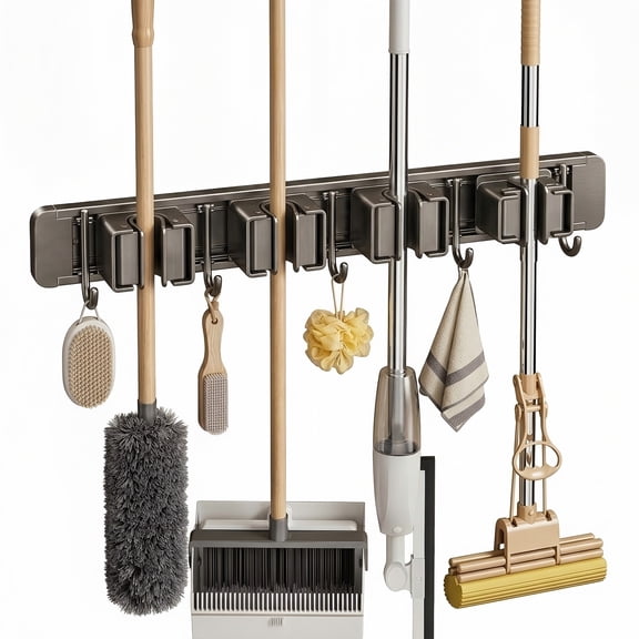 Gray Space‑Aluminum Wall Mount Mop and Broom Holder, Adhesive Drill‑Free Tool Organizer with 4 Sliding Grippers and 5 Hooks for Garage, Garden, Laundry