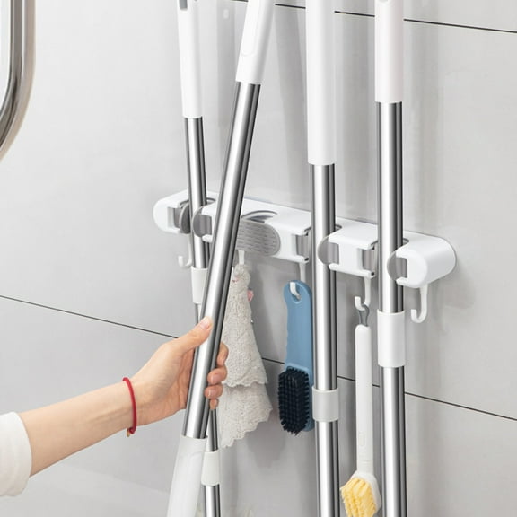 Wall Mounted Mop & Broom Organizer Rack | Heavy-Duty Plastic Storage Holder with 4 Slots, 5 Movable Hooks | White | Space-Saving Kitchen, Laundry, Garage, Garden Tool Organizer | 36.5x8.5x5.5cm