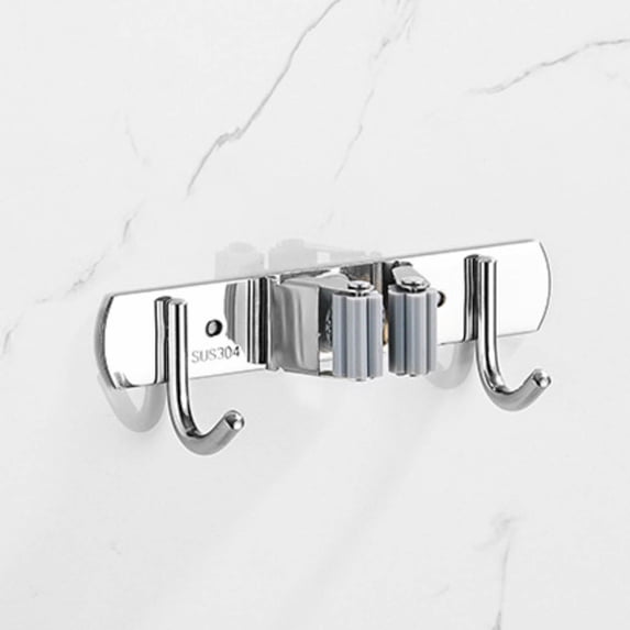 Wall Mounted Mop Holder | Heavy Duty Stainless Steel Mop and Broom Organizer with Hooks and Clips | Garage Storage Rack for Kitchen, Bathroom, Workshop, and Utility Room Organization