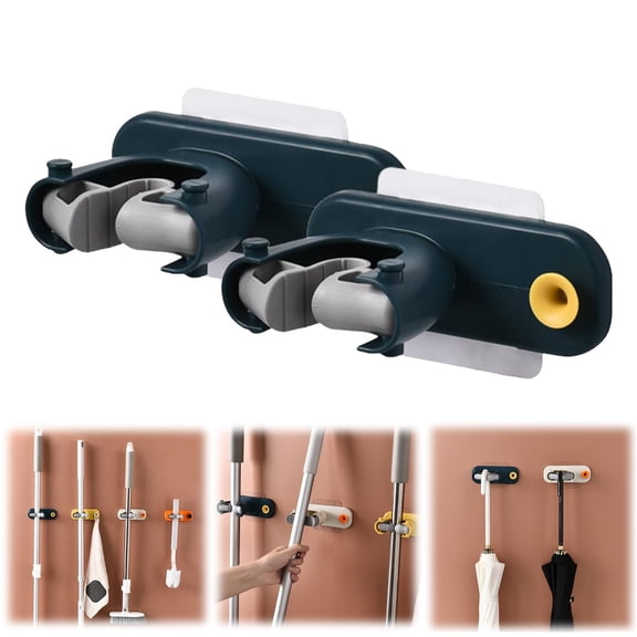 Wall-Mounted Mop Storage Blue 2Pcs, Wall Mounted Mop Organizer and Mop Holder Wall Mounted Mop Organizer Self Adhesive and Mop Mop Handle Hanger Utility Hooks for and Mops, 2*Hook