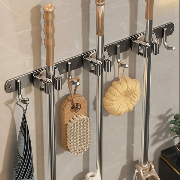 Broom Holder Wall Mount, Stainless Steel Mop and Broom Hanger Wall Mounted Garage Storage Rack Kitchen Garden Tool Organizer with 3 Racks & 4 Hooks (Free Adhesive and Nail)