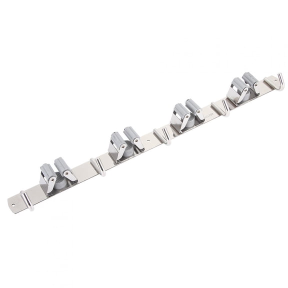 Wall Mounted Mop and Broom Organizer Rack, Stainless Steel Utility Hanger for Garage, Laundry, Kitchen and Bathroom, 4 Slots 5 Hooks