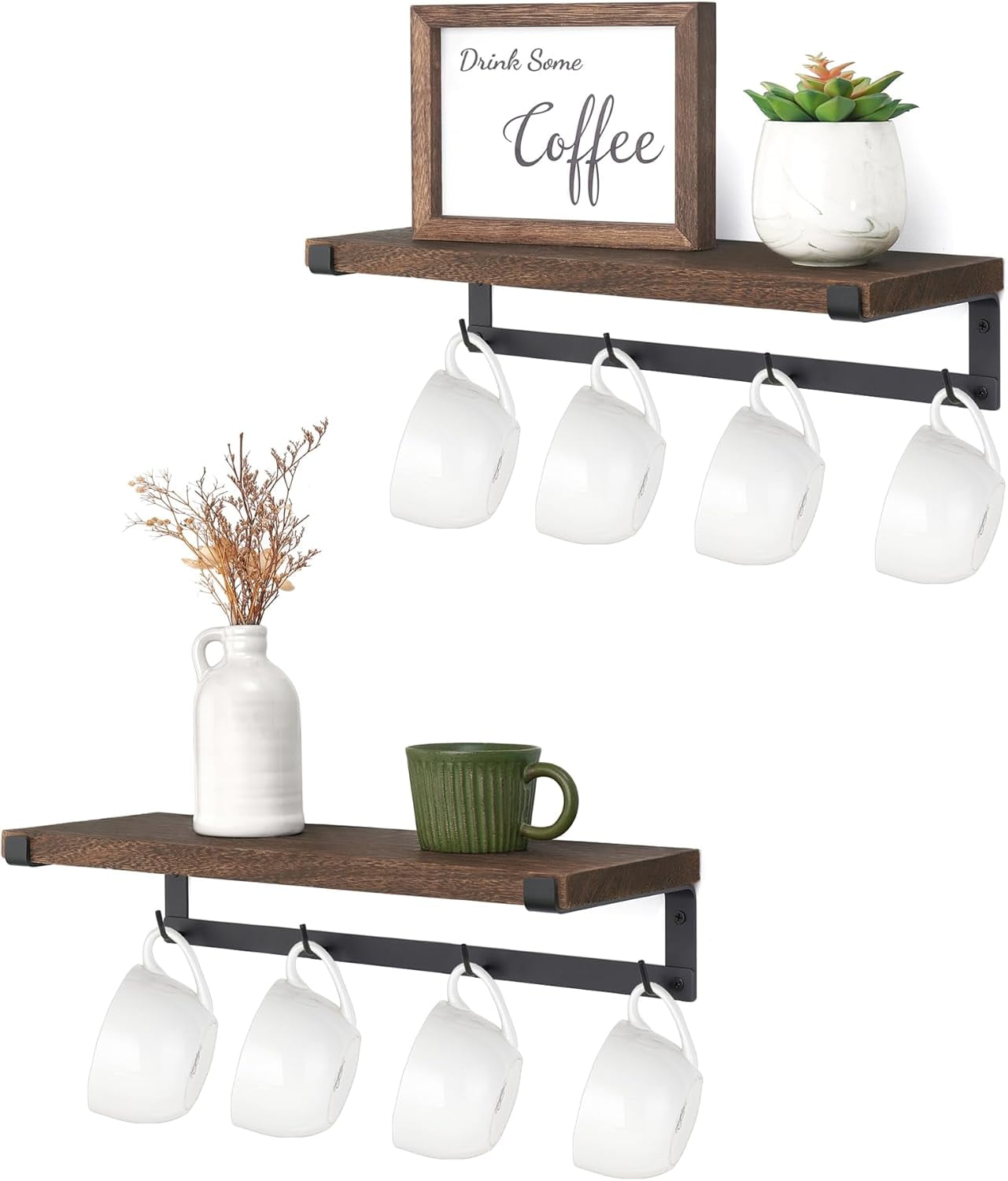 Wall Mounted Mug Rack with Hooks, Set of 2, Rustic Style Storage ...