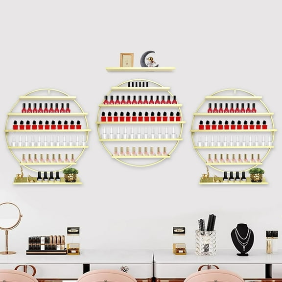 Wall-Mounted Nail Polish Rack, Set of 6 Round Gold Nail Polish Shelf Lipstick Perfume Cosmetic Display Shelf for Home Spa Nail Salon Shop