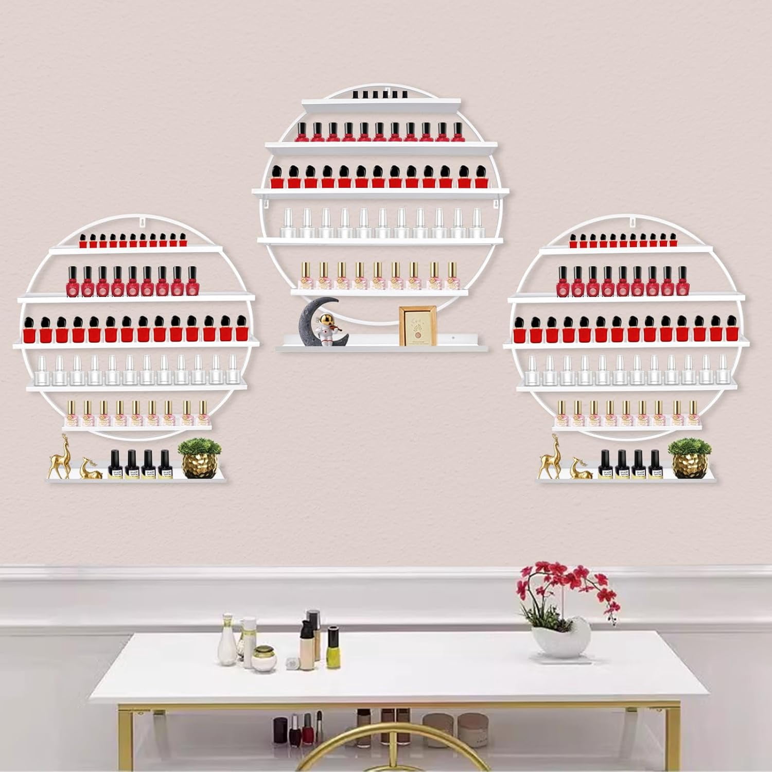 Wall-Mounted Nail Polish Rack, Set of 6 Round White Nail Polish Shelf ...