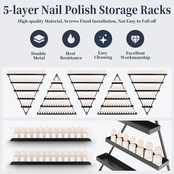 Wall Mounted Nail Polish Storage Racks, 10PCS 5 Tier Black Metal Triangular Organizer, Cosmetic Display Shelf for Spa Salon Home Bathroom