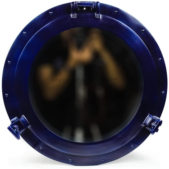 Wall Mounted Nautical Porthole Mirror & Windows | Maritime Accentual Premium Aluminum Home Decor | Nagina Internatioanl (30 Inches, Deep Blue)