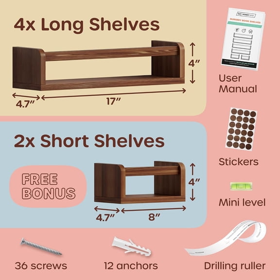 Wall-Mounted Nursery Bookshelves - 4 Long + 2 Mini Shelves, Kids Room Storage (Walnut Pine Wood)