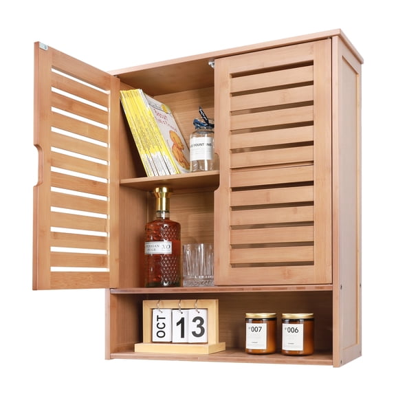 Space-Saving Bamboo Wall Mounted Cabinet, Over-The-Toilet Floating Storage Organizer with Adjustable Shelf for Bathroom, Kitchen & Living Room
