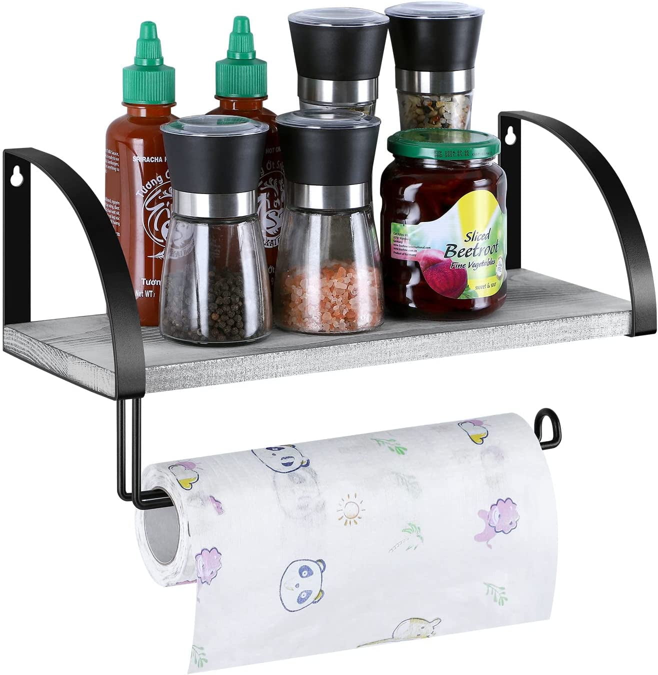 Wall Mounted Paper Towel Holder with Wood Shelf, Gray