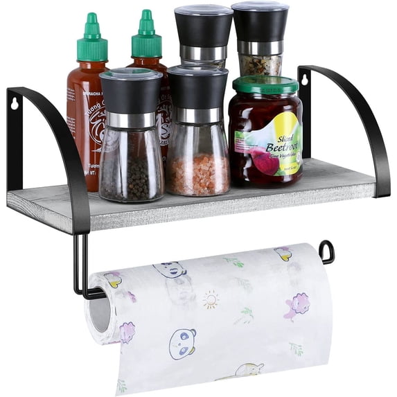 Wall Mounted Paper Towel Holder with Wood Shelf, Gray