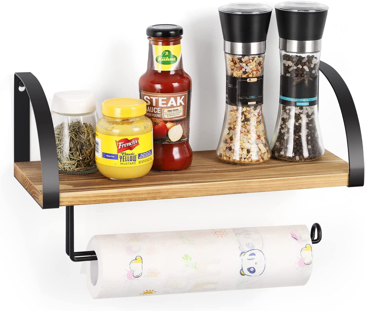 Wall Mounted Paper Towel Holder with Wood Shelf, Light Brown
