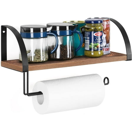 Wall Mounted Paper Towel Holder with Wood Shelf, Rustic Brown