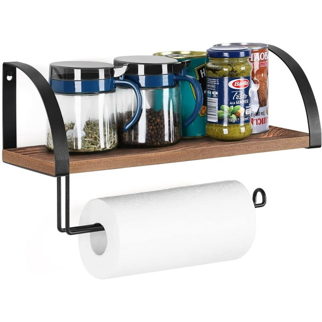 Wall Mounted Paper Towel Holder with Wood Shelf, Rustic Brown