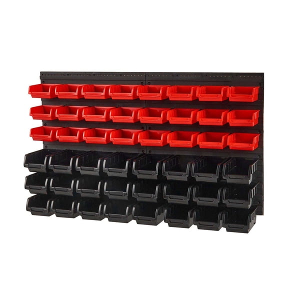 Wall Mounted Parts Organizer 48 Bin Rack System - Garage Storage Bins for Tools, Screws, Nuts, Bolts, Crafts - Black & Red Plastic Parts Storage