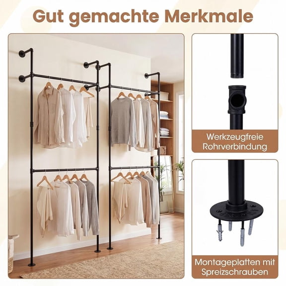 Wall Mounted Pipe Clothing Rack with 2 Hanging Rods, Black, Double-Tier Clothes Storage for Home or Retail