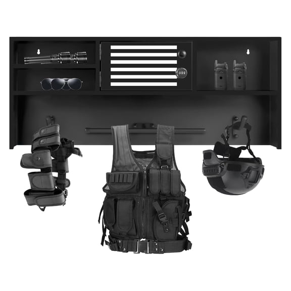 Wall Mounted Police Equipment Rack, Black Heavy Duty Steel Storage Organizer for Law Enforcement Accessories, Uniform Gear, Home & Public Security Use (Holds Multiple Items)
