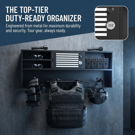 Wall Mounted Police Gear Rack Heavy Duty Metal Police Gear Stand Wall-Mounted with Combination Lock, Multi Hook Compartment Police Hanger for, Home, Bar, 35.5 X 14.5 in Flag Design Organizer