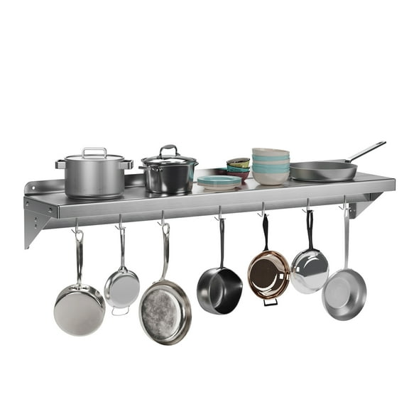 Wall Mounted Pot Holder,Kitchen Organization and Storage Rack,12"x48" Stainless Steel Shelf Pot Rack,220LBS Capacity Kitchen Wall Pots and Pans Rack with Hooks for Restaurant Kitchen