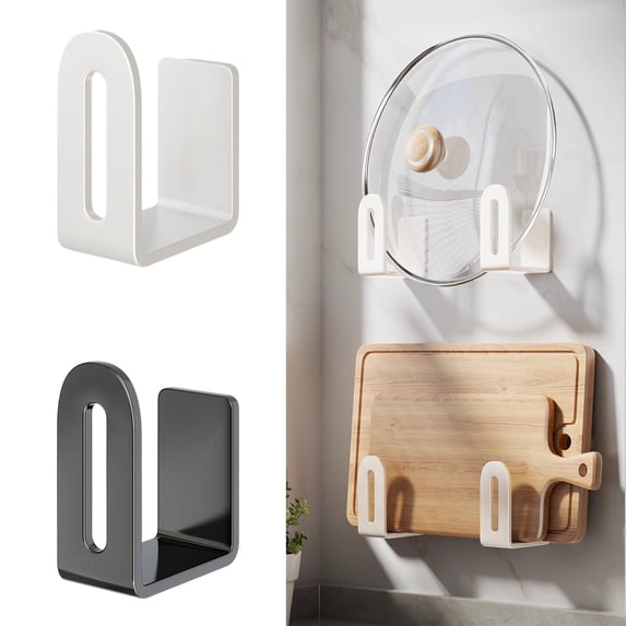 Wall Mounted Pot Lid & Cutting Board Holder Rack, No Drilling Kitchen Organizer Hook for Chopping Boards, Lids & Utensil Storage