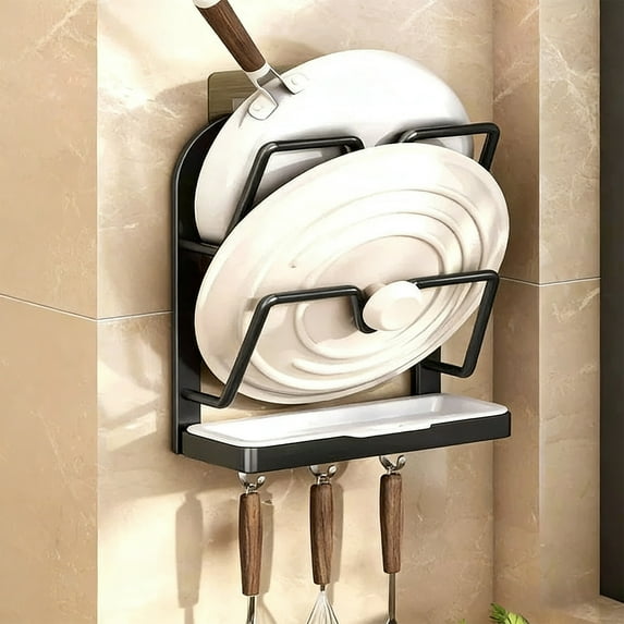 Wall Mounted Pot Lid Holder No Drill Cutting Board Rack Kitchen Organizer Space Saving Utensil Storage Shelf for Pans Lids and Chopping Boards with Drip Tray