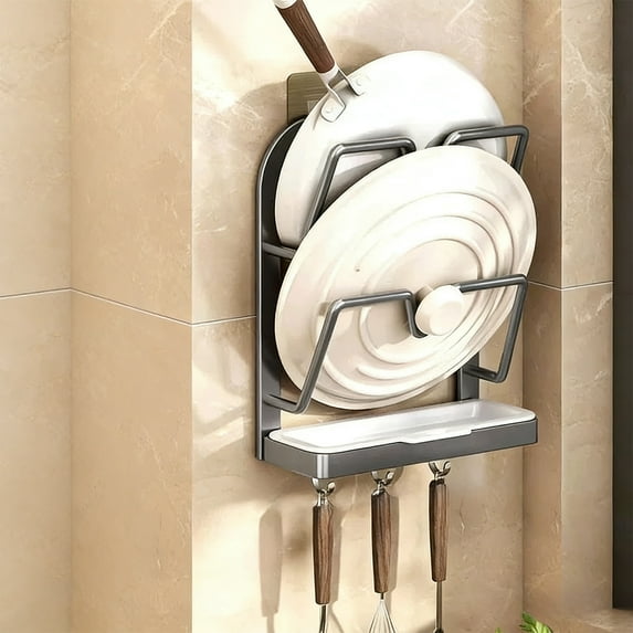 Wall Mounted Pot Lid Holder No Drill Cutting Board Rack Kitchen Organizer Space Saving Utensil Storage Shelf for Pans Lids and Chopping Boards with Drip Tray