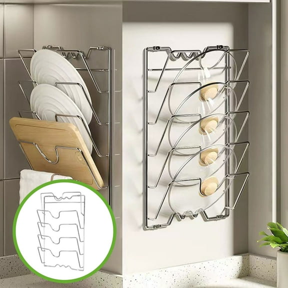 Wall Mounted Pot Lid Organizer Rack with Cutting Board Holder, Space-Saving Kitchen Storage for Lids, Boards & Utensils, No-Drill Installation