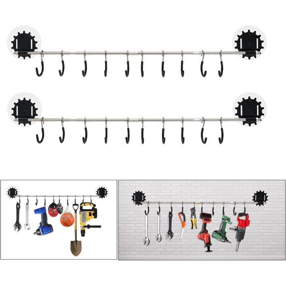 Wall Mounted Pot Pan Rack 20'' Set of 2, Super Adhesive Hook Solid Stainless Steel Rod Hooks for Kitchen Utensils Adjustable Hangers Heavy Duty Hanging Rail with 20 S Hooks Gear