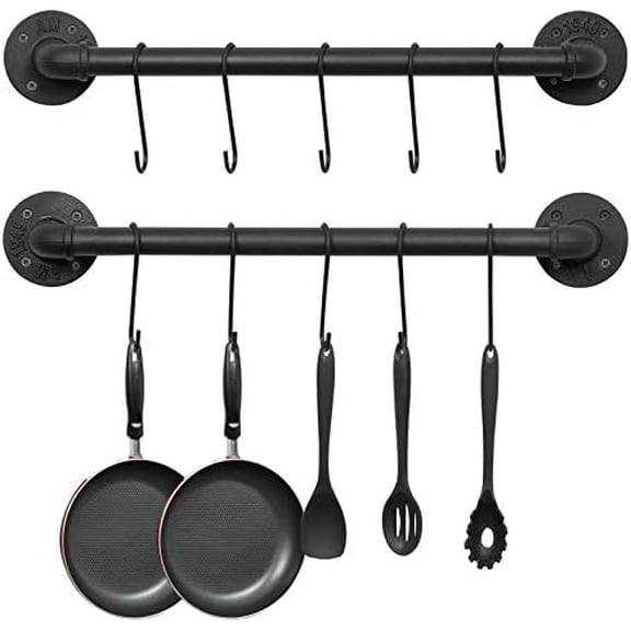 Wall Mounted Pot Pan Rack 21'' Set of 2, Industrial Utensils Wall Hanger Iron Pipe Kitchen Hanging Rail with 10 S Hooks$$Home Decor, Kitchen, & Other