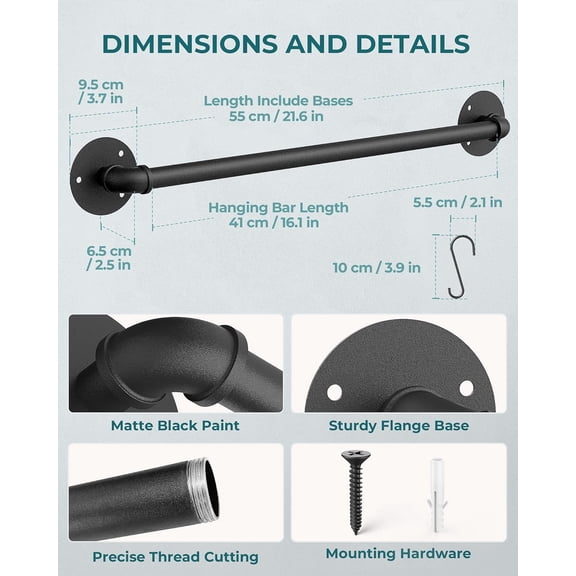 Wall Mounted Pot Pan Rack 21'' Set of 2, Industrial Utensils Wall Hanger Iron Pipe Kitchen Hanging Rail with 10 S Hooks