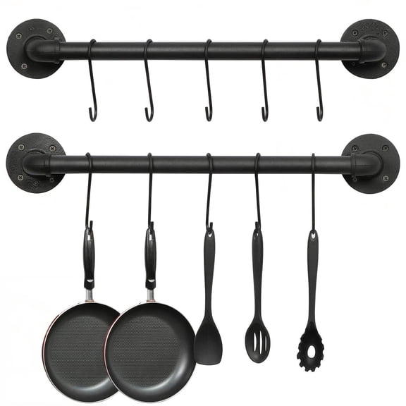 Wall Mounted Pot Pan Rack 21'' Set of 2, Industrial Utensils Wall Hanger Iron Pipe Kitchen Hanging Rail with 10 S Hooks