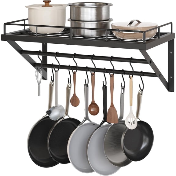 Wall Mounted Pot Rack, 23.8 Inch Pot and Pan Organizer with 2 Tier Hanging Rails, 12 S-Hooks, Metal Pot Rack for Kitchen Cookware Organizer, Space Saving, for Kitchen Utensils, Black