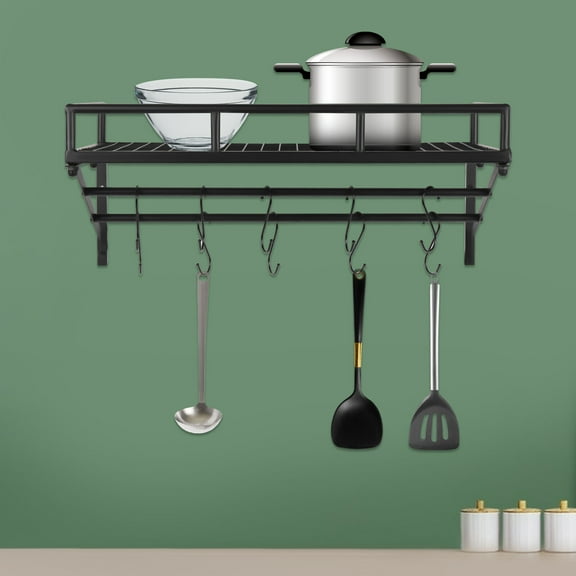 Wall Mounted Pot Rack 24 Inch Metal Pot Pan Storage Shelf Holder with 10 Hook for Home Kitchen Black