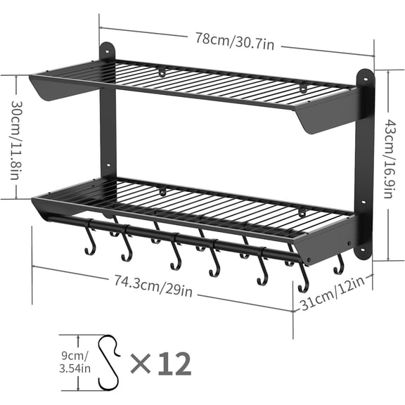 Wall Mounted Pot Rack 30 Inch Heavy Duty 2-Tier with 12 Hooks for Kitchen Cookware Storage