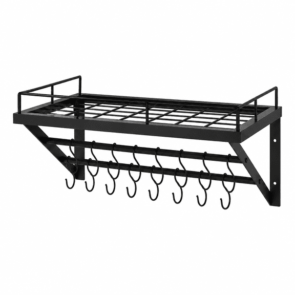 Wall Mounted Pot Rack, 30 Inch Kitchen Pot and Pan Organizer with Top Shelf, Dual Hanging Rails and 12 Removable S Hooks