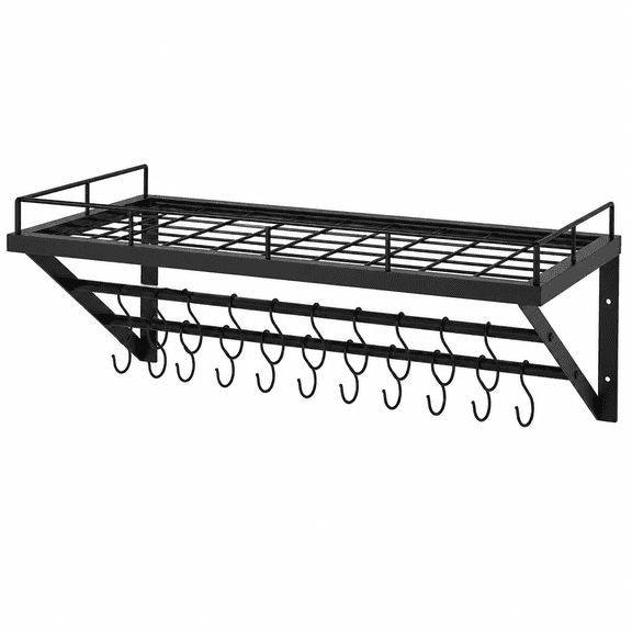 Wall Mounted Pot Rack, 30 Inch Kitchen Pot and Pan Organizer with Top Shelf, Dual Hanging Rails and 12 Removable S Hooks