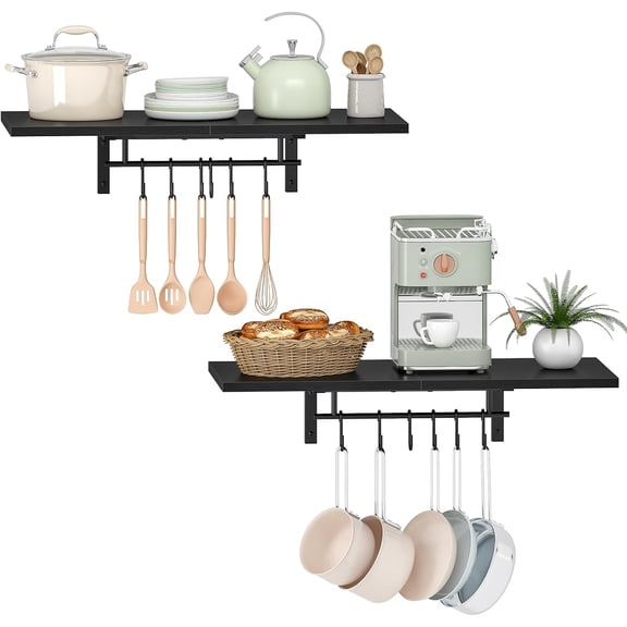 Wall-Mounted Pot Racks, Set of 2 Hanging Pot Rack, Floating Shelves, Wall Shelves, Vintage Pot Hangers for Kitchen, Wall Rack for Kitchen Storage, Black TPR27P2BB