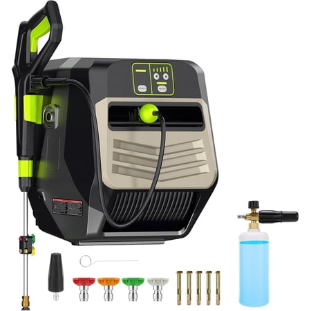 Wall Mounted Pre*ssure Cle*aner - 5500 PSI 3.6 GPM, 5 Levers Po*wer Cle*aner with 66FT Retractable Hose Remote Control, Foam Cannon, 5 Connect Nozzles for Car/Driveway (Black)