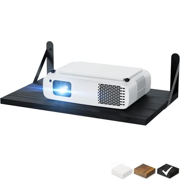 Wall-Mounted Projector Floating Shelves W/Triangle Bracket, 16 Inch Black Rustic Wood Storage Rack Holder for Router, Modem, DVD Player, TV Box, Game System, Audio, 12" Deep