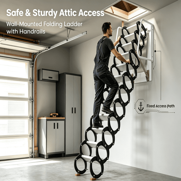 Wall Mounted Pull Down Attic Ladder, 12 Steps 11FT Titanium-Magnesium Alloy Retractable Folding Loft Stairs with Handrails, 1102 Lbs Capacity for Attics, Garages, Roofs & Basements