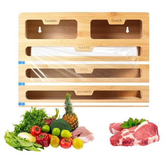 Wall-Mounted Pull-Out Kitchen Storage Box, Large Capacity Fresh-Keeping Film Cutter, Plastic Wrap and Zipper Bag Organizer, Countertop and Hanging Rack