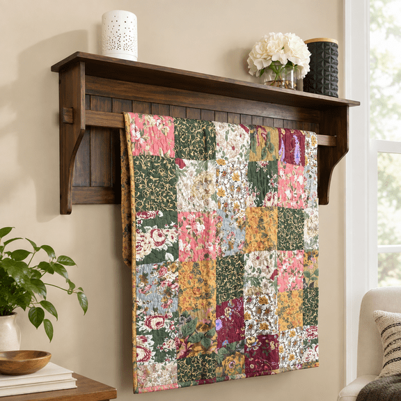 Wall Mounted Quilt Rack With Sh- Solid Pine Wood Blanket Holder Brown