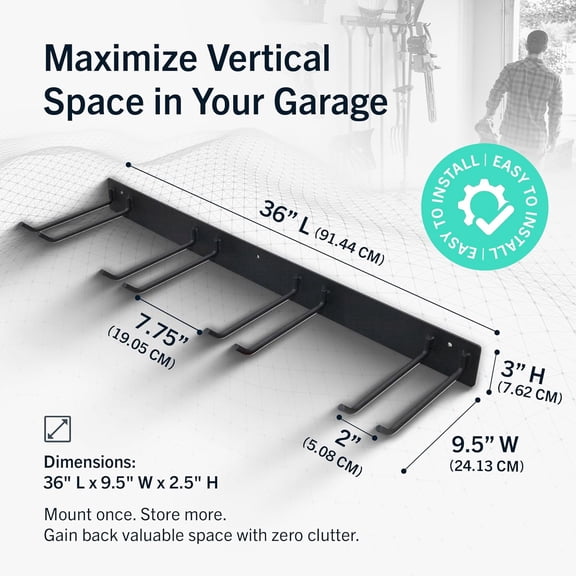 Wall-Mounted Rack With 4 Garage Hooks – Heavy-Duty Steel Holder Garage & Garden Storage for Shed, Workshop, or Home Organization – For Rakes, Shovels, Tools & More – 1 Pack, Black